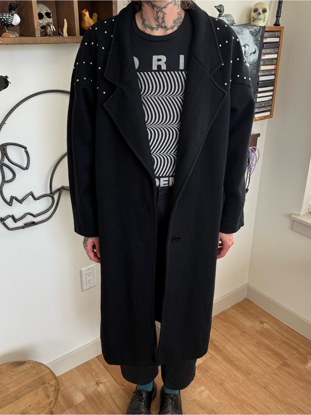 Vintage 80s Studded Black Wool Blend Maxi Overcoat ~ Size XL